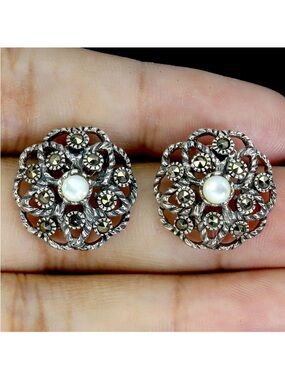 Natural Mother of Pearl & Marcasite in 925 Sterling Silver Stud Earrings